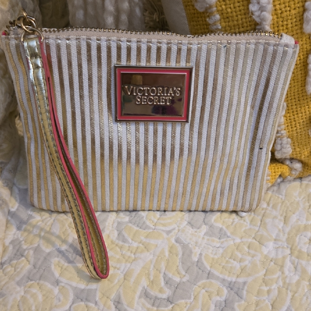 Victoria's Secret Gold and White Striped Wristlet